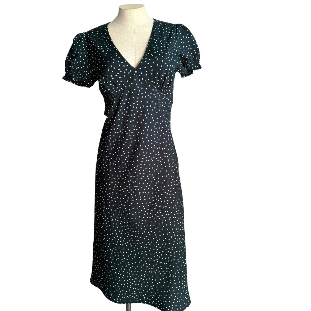 Lulus Womens Midi Dress XS Green White Polka Dot V Neck Puff Sleeve‎ Open Back